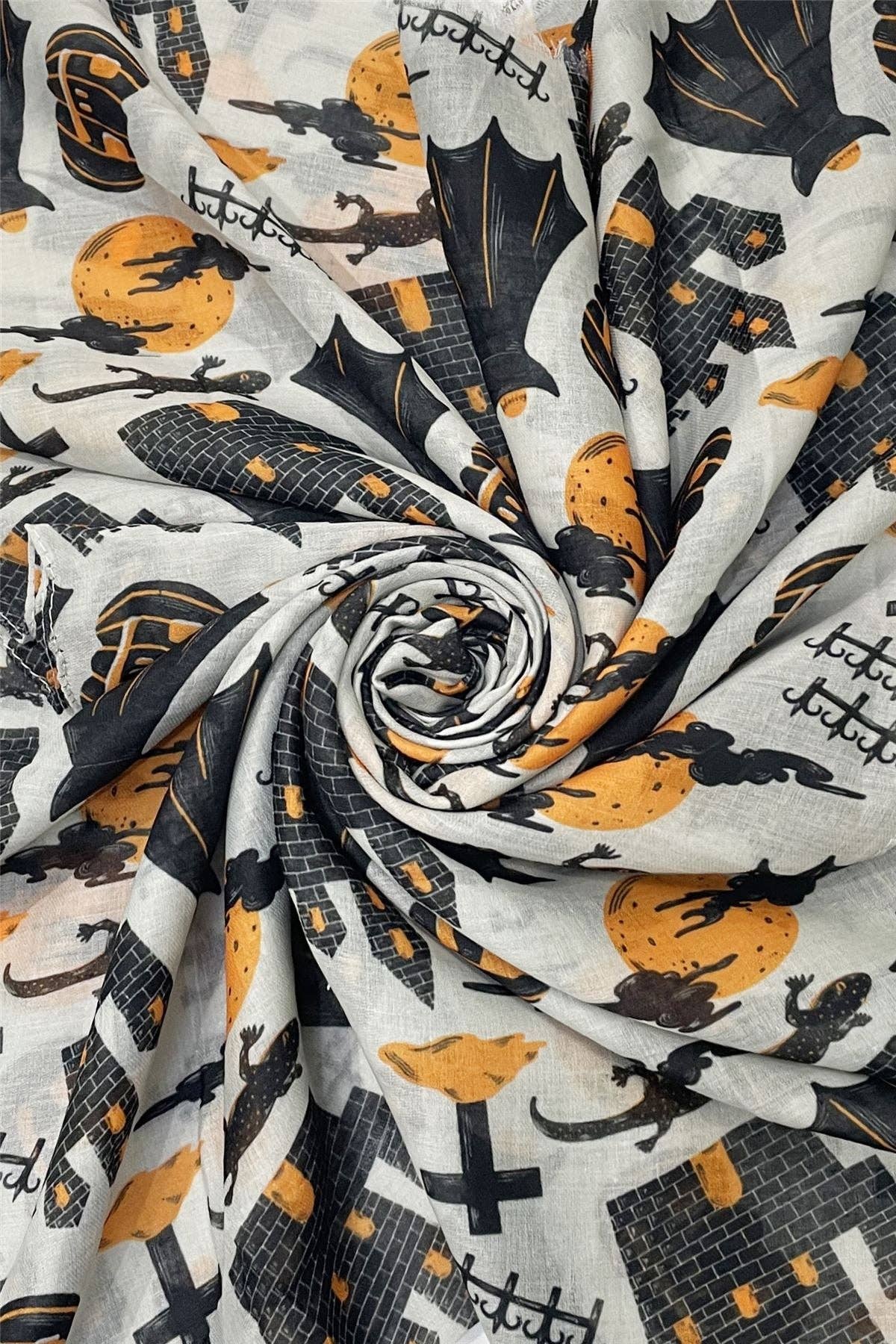 Assorted Cartoon Halloween Print Frayed Scarf: Grey