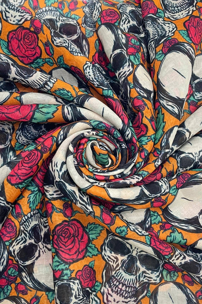 Skulls and Roses Print Frayed Scarf: Grey