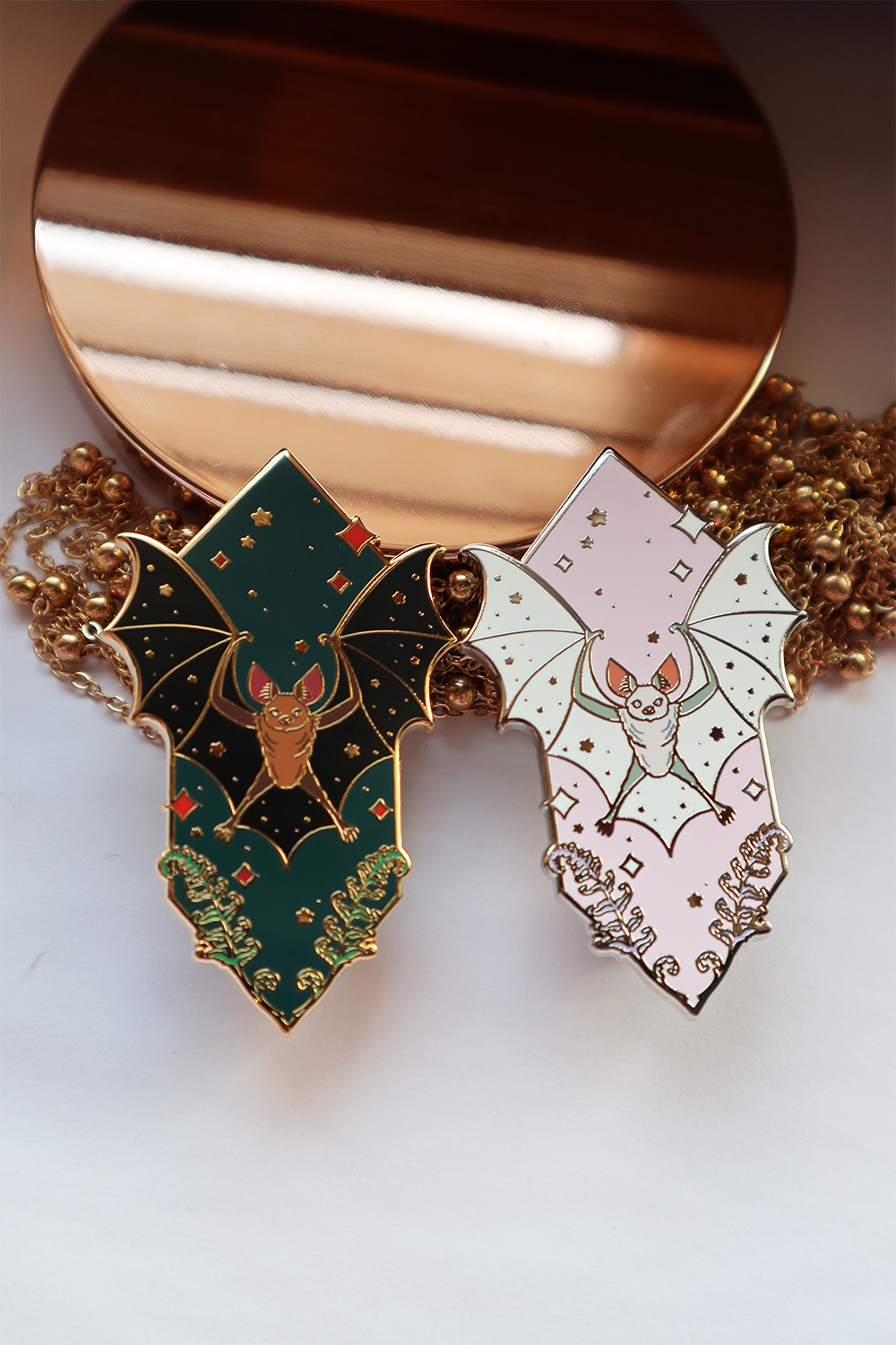 Sacred Beast Bat Enamel Pins: Pink
