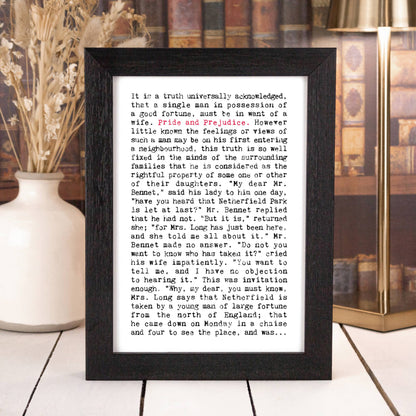Pride and Prejudice Unframed Book Print, Austen Wall Art: A4 (H29.7 x W21cm)