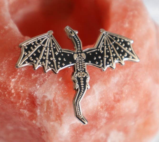 Dragon Enamel Pin - Black and Silver Plated Skeleton