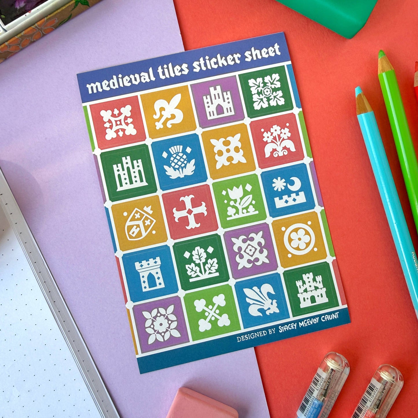 Medieval Tiles A6 Vinyl Sticker Sheet - Autumn Colours