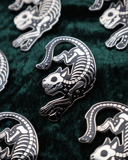 Black and Silver Plated Skeleton Cat Enamel Pin