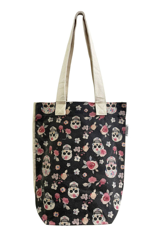 Cute Skull & Rose Print Cotton Tote Bag: Multi