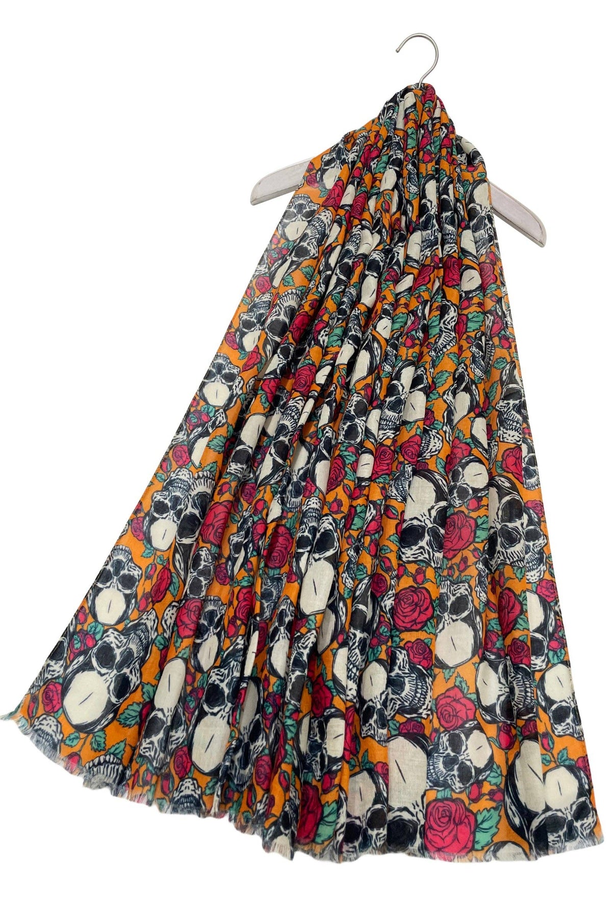 Skulls and Roses Print Frayed Scarf: Grey