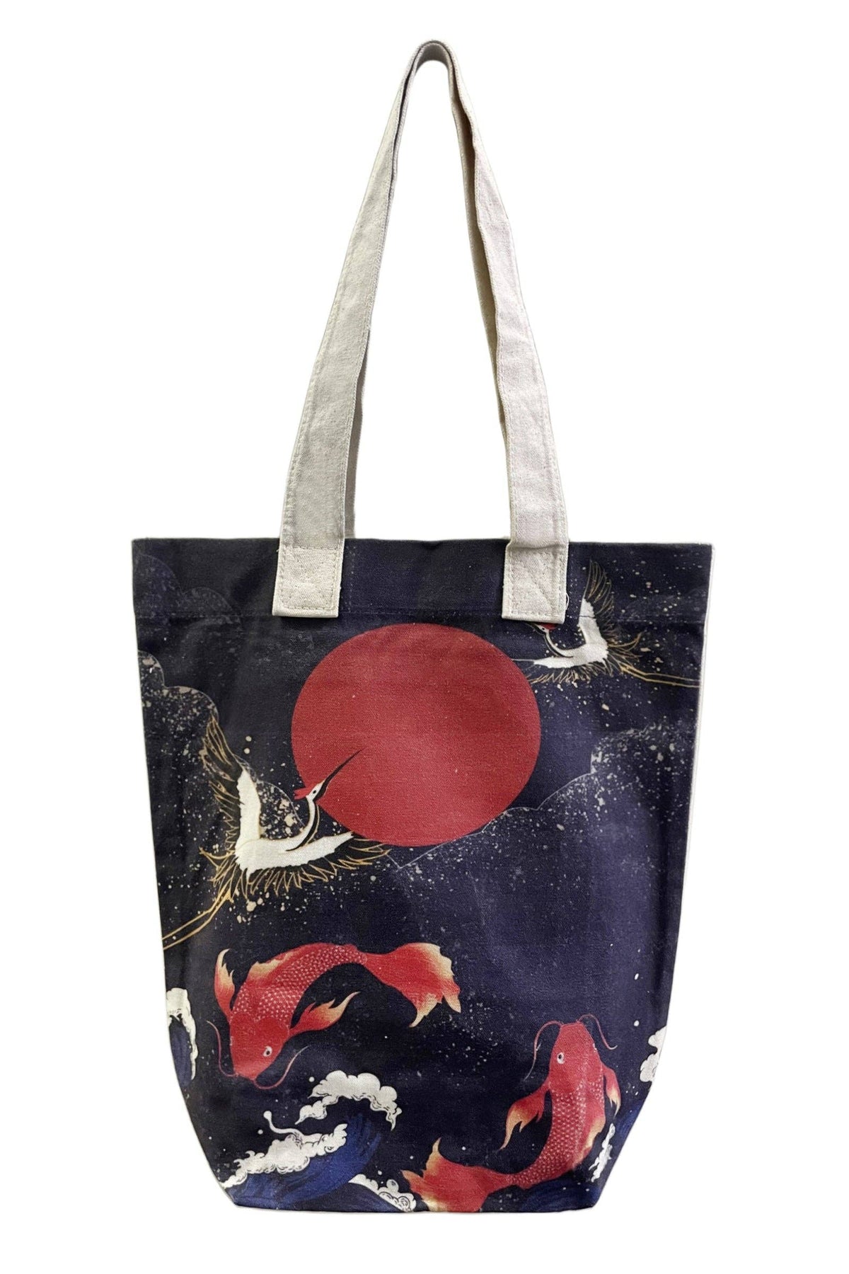 Japanese Crane & Koi Fish Print Cotton Tote Bag : Multi
