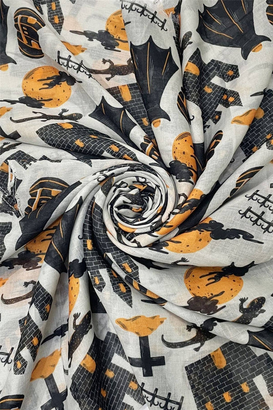 Assorted Cartoon Halloween Print Frayed Scarf: Grey