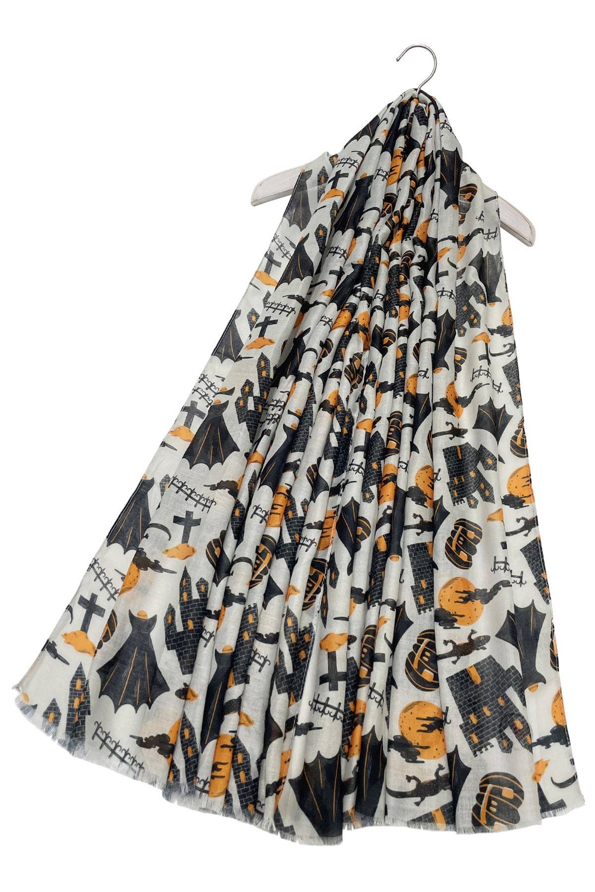 Assorted Cartoon Halloween Print Frayed Scarf: Grey