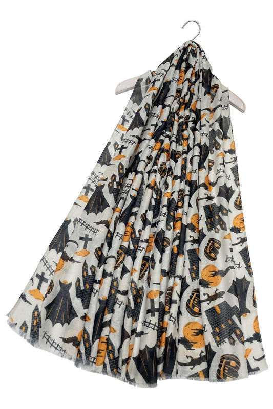 Assorted Cartoon Halloween Print Frayed Scarf: Grey