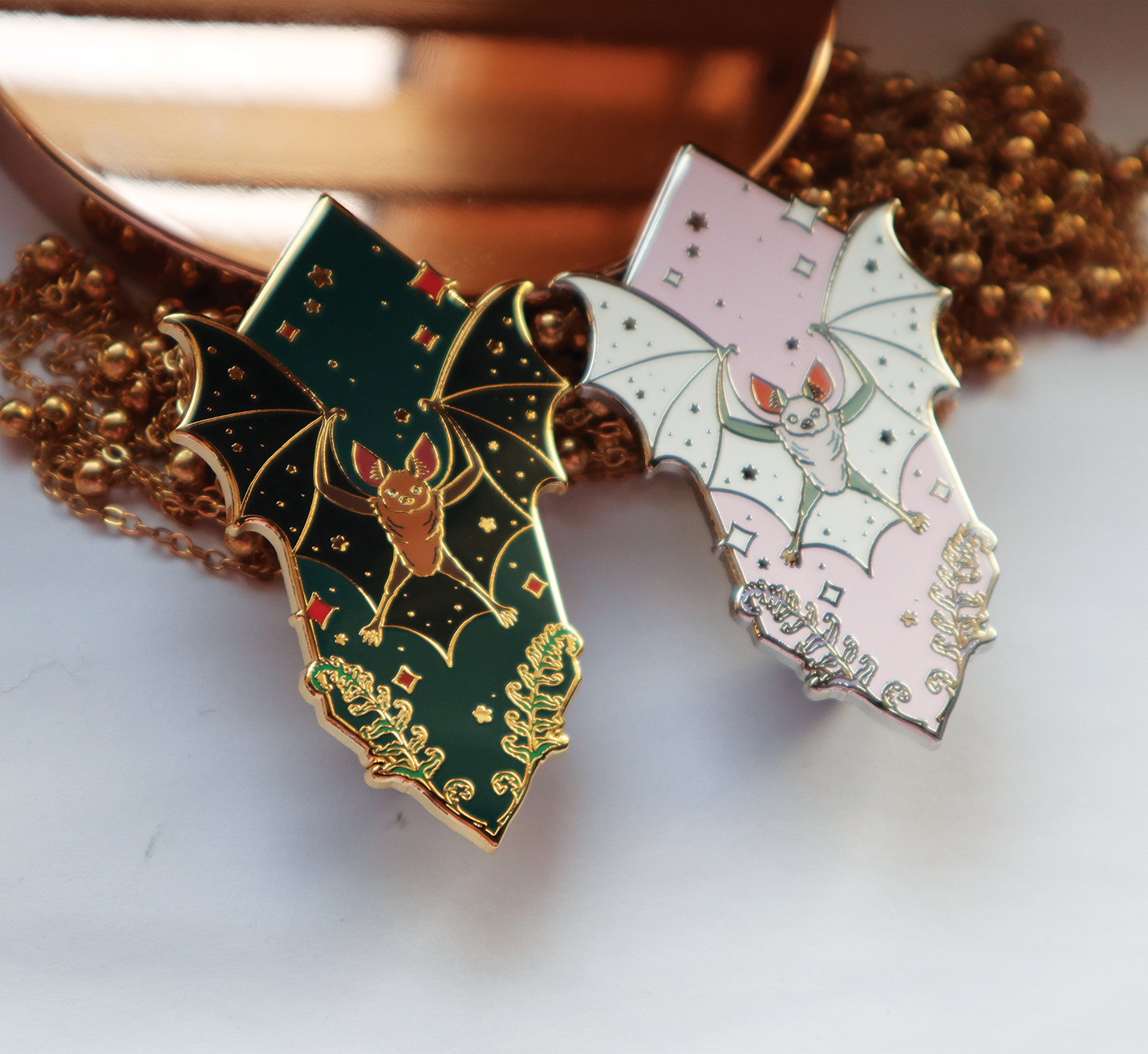 Sacred Beast Bat Enamel Pins: Pink