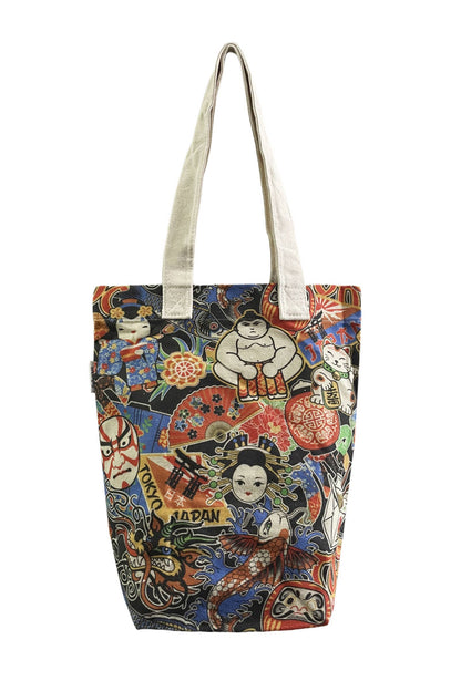 Japanese Cartoon Art Print Cotton Tote Bag: Multi